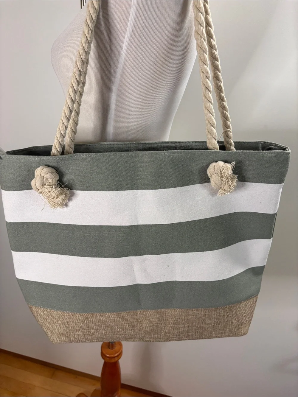 G Monogram Olive Green and White Striped Canvas Tote with Pouch